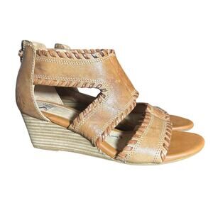 Sofft Womens Madison Tan Leather Cut Out Stacked Heel Wedge Sandals Heels sz 9.5